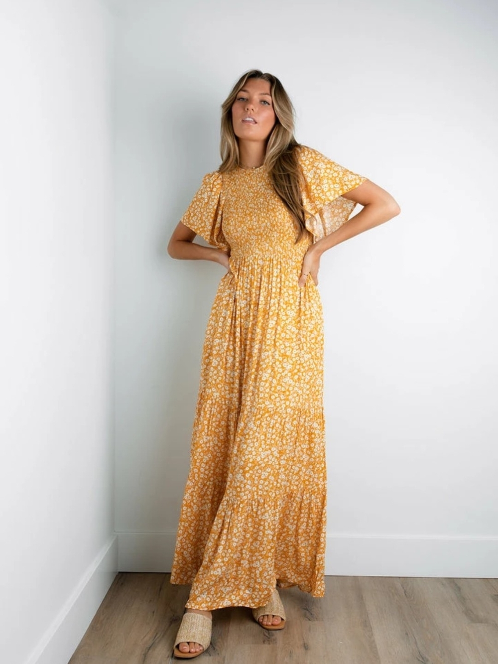 In Bloom Yellow Floral Maxi Dress with Flutter Sleeves